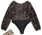 Black Deep V Back Sequin Puff Sleeve Bodysuit - MarkoFit