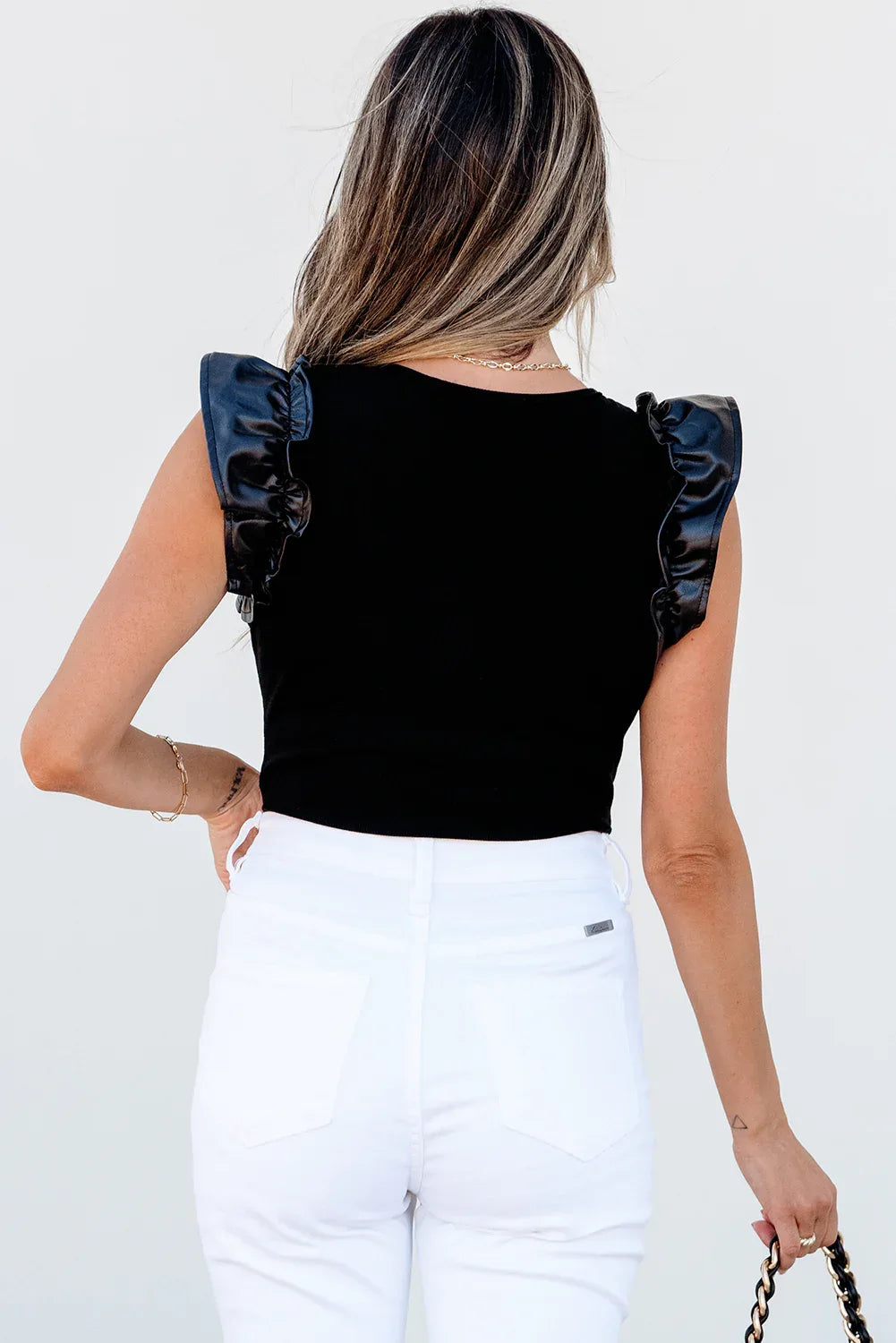 Black Leatherette Ruffle Patchwork Ribbed V Neck Bodysuit - MarkoFit