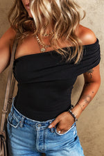 Black Solid Color Pleated One Shoulder Bodysuit - MarkoFit