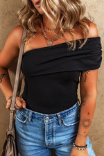 Black Solid Color Pleated One Shoulder Bodysuit - MarkoFit