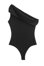 Black Solid Color Pleated One Shoulder Bodysuit - MarkoFit