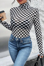 Black Checkered Printed Long Sleeve High Neck Bodysuit - MarkoFit