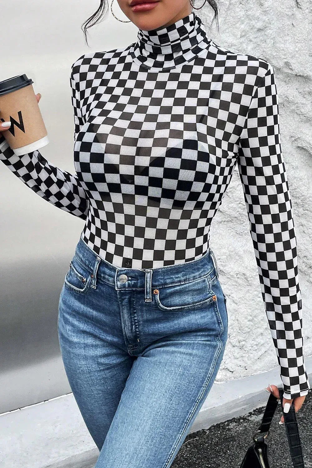 Black Checkered Printed Long Sleeve High Neck Bodysuit - MarkoFit