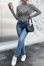 Black Checkered Printed Long Sleeve High Neck Bodysuit - MarkoFit