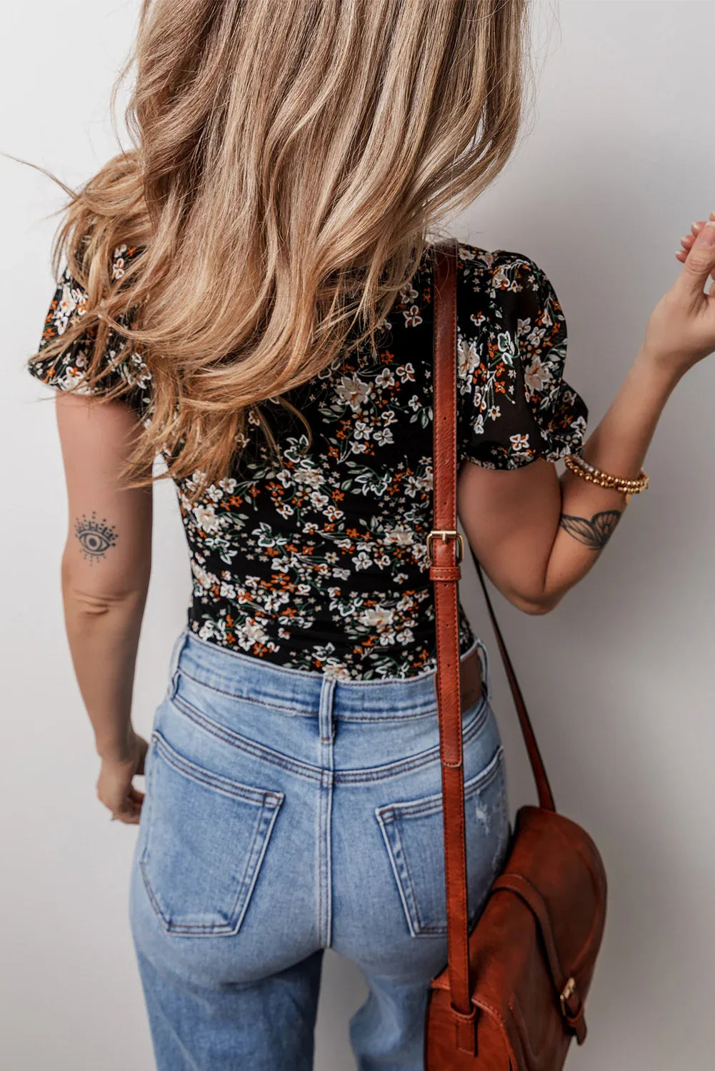 Black Floral Print U Neck Short Puff Sleeve Bodysuit - MarkoFit