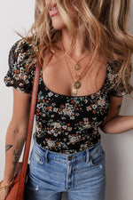 Black Floral Print U Neck Short Puff Sleeve Bodysuit - MarkoFit