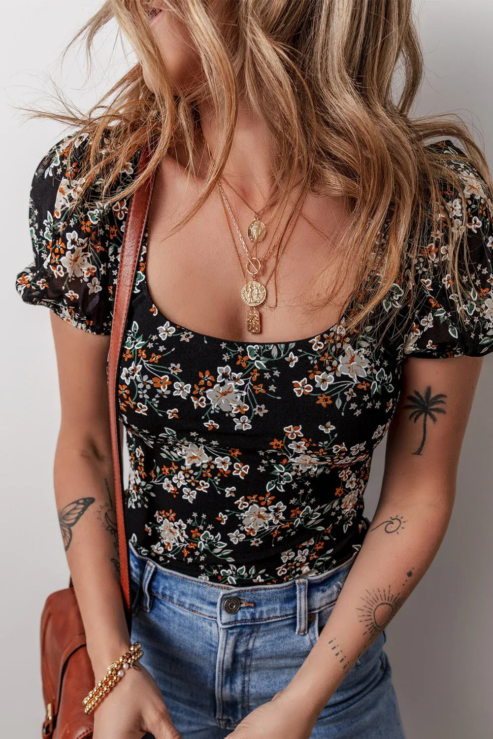 Black Floral Print U Neck Short Puff Sleeve Bodysuit - MarkoFit