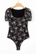 Black Floral Print U Neck Short Puff Sleeve Bodysuit - MarkoFit