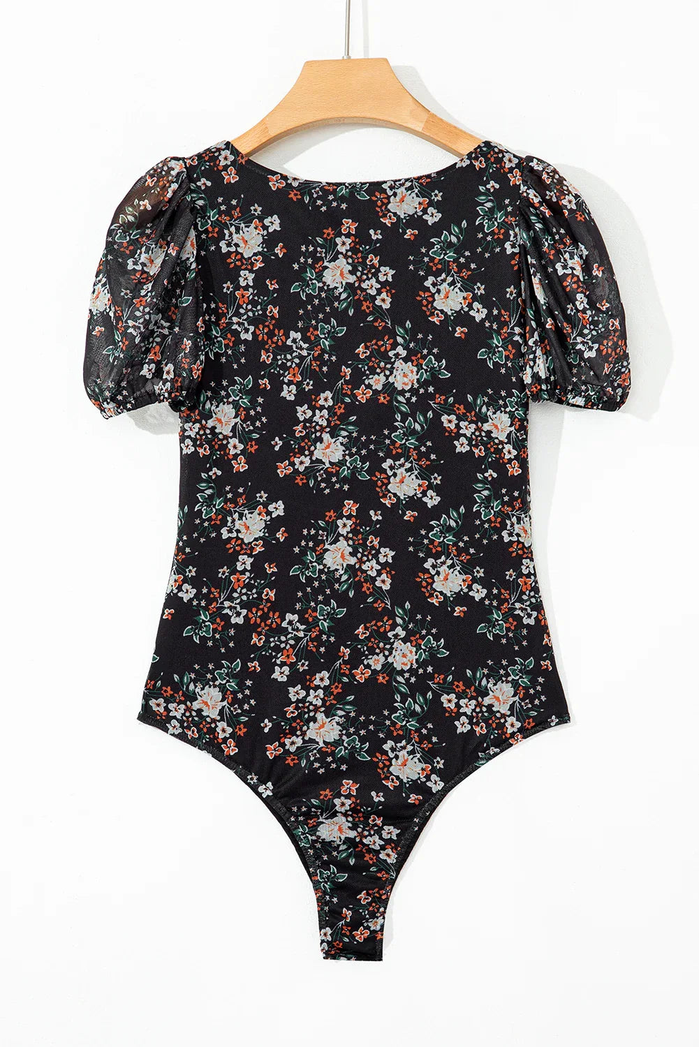 Black Floral Print U Neck Short Puff Sleeve Bodysuit - MarkoFit