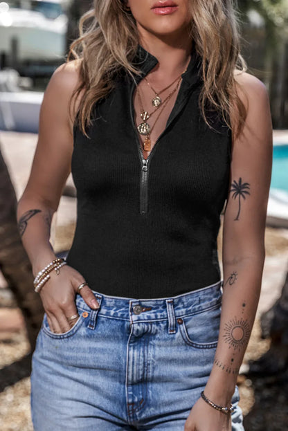 Black Zip up Mock Neck Ribbed Sleeveless Bodysuit - MarkoFit