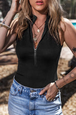 Black Zip up Mock Neck Ribbed Sleeveless Bodysuit - MarkoFit
