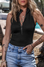 Black Zip up Mock Neck Ribbed Sleeveless Bodysuit - MarkoFit