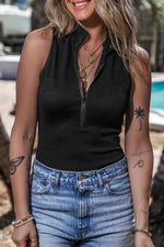 Black Zip up Mock Neck Ribbed Sleeveless Bodysuit - MarkoFit