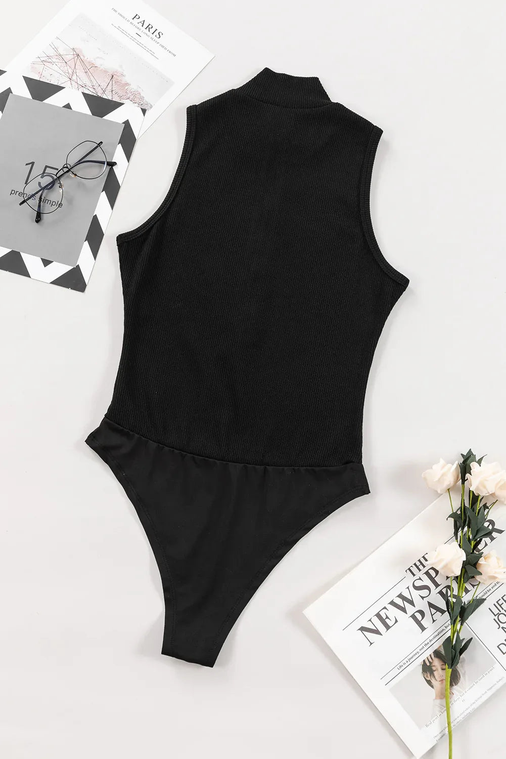 Black Zip up Mock Neck Ribbed Sleeveless Bodysuit - MarkoFit
