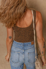 Brown Leopard Printed Sleeveless Scoop Neck Bodysuit - MarkoFit