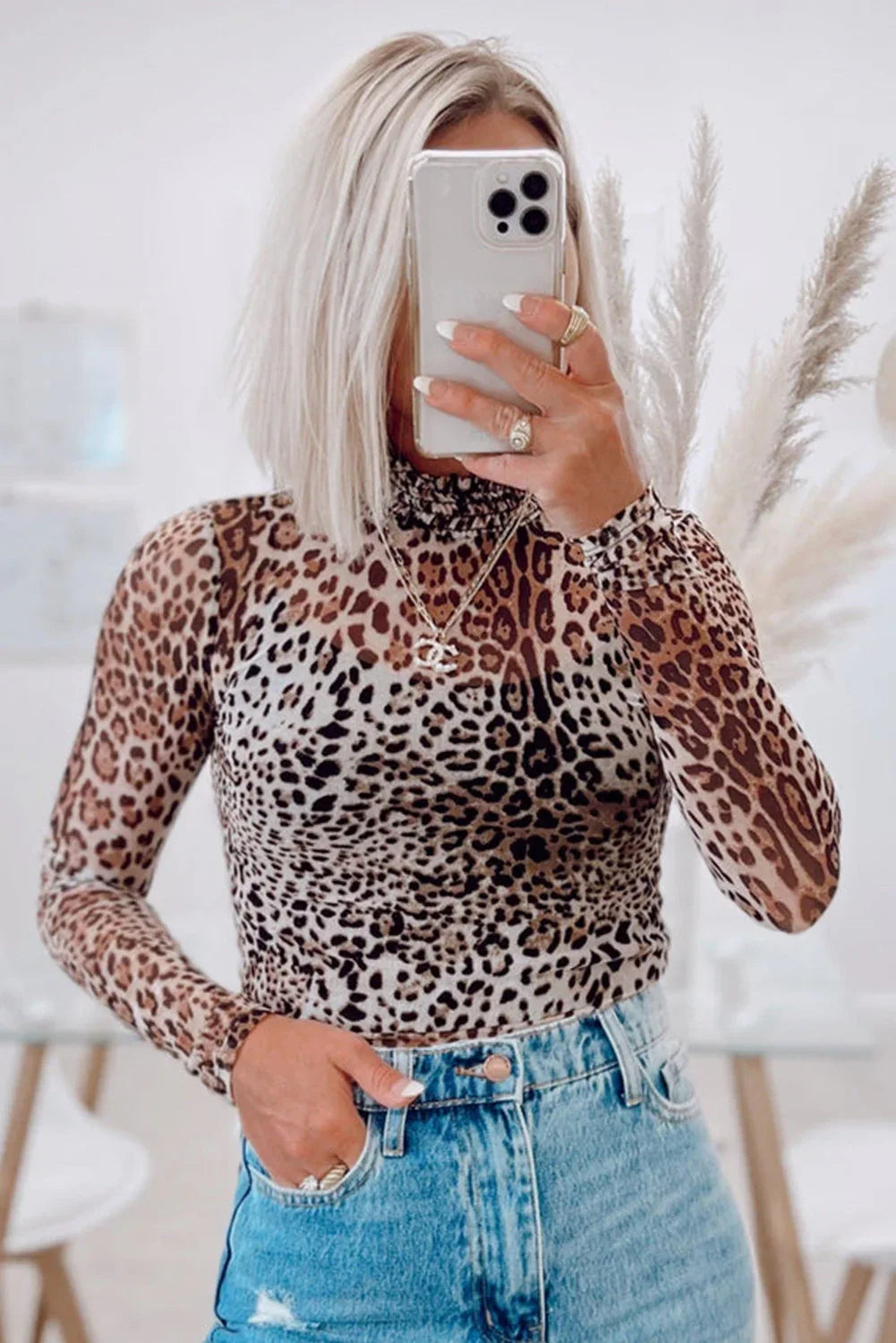 Brown Leopard Smocked Neck Mesh Long Sleeve Bodysuit - MarkoFit