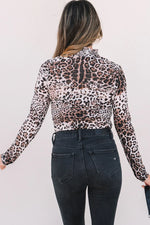 Brown Leopard Smocked Neck Mesh Long Sleeve Bodysuit - MarkoFit