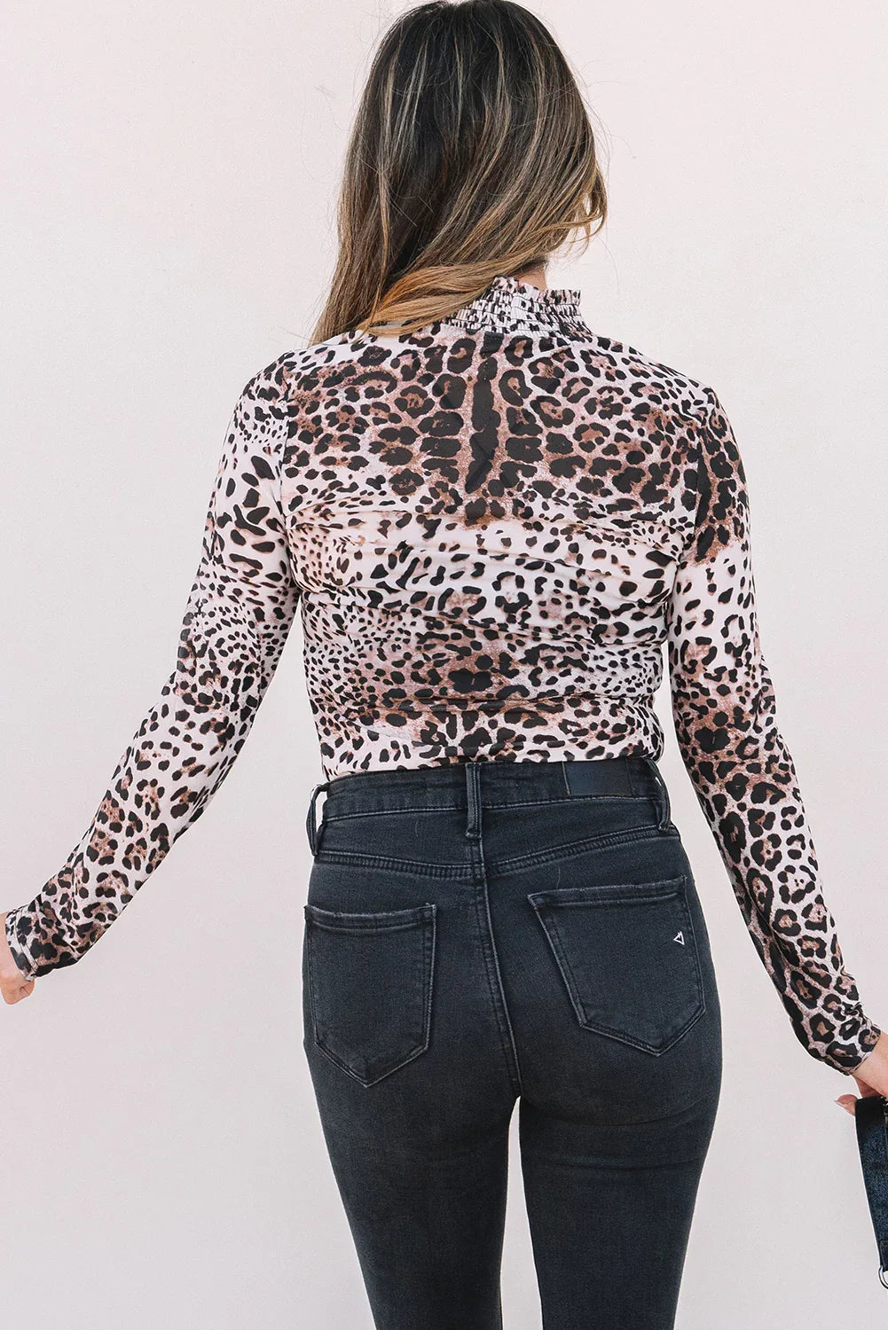 Brown Leopard Smocked Neck Mesh Long Sleeve Bodysuit - MarkoFit