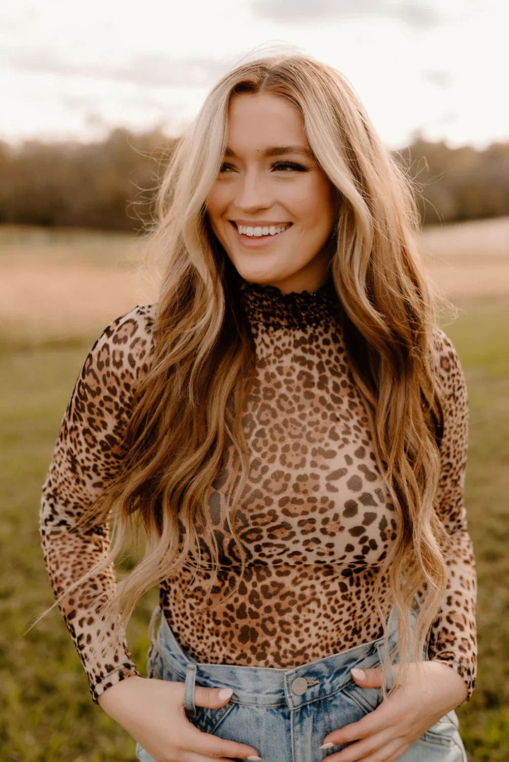 Brown Leopard Smocked Neck Mesh Long Sleeve Bodysuit - MarkoFit
