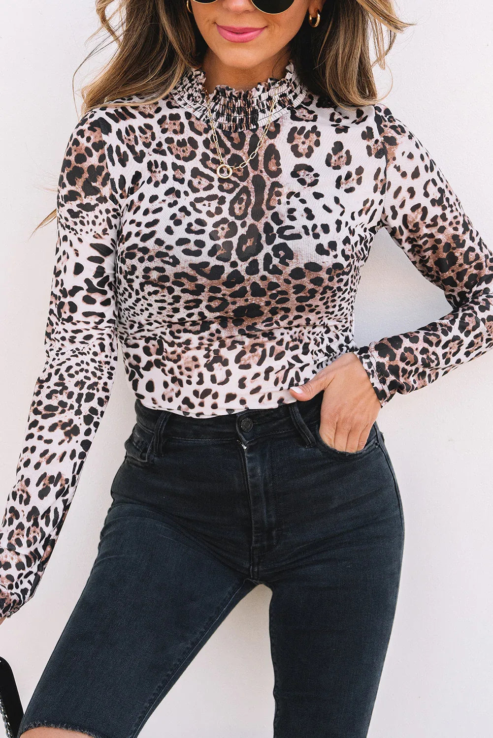 Brown Leopard Smocked Neck Mesh Long Sleeve Bodysuit - MarkoFit