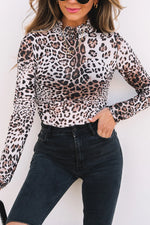 Brown Leopard Smocked Neck Mesh Long Sleeve Bodysuit - MarkoFit