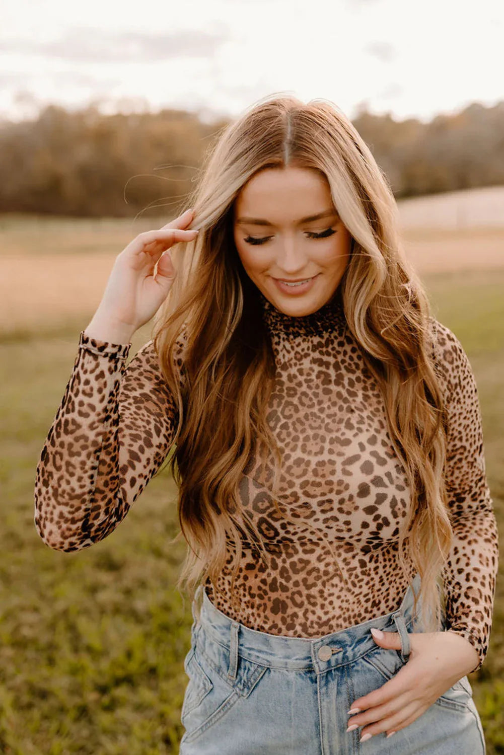 Brown Leopard Smocked Neck Mesh Long Sleeve Bodysuit - MarkoFit
