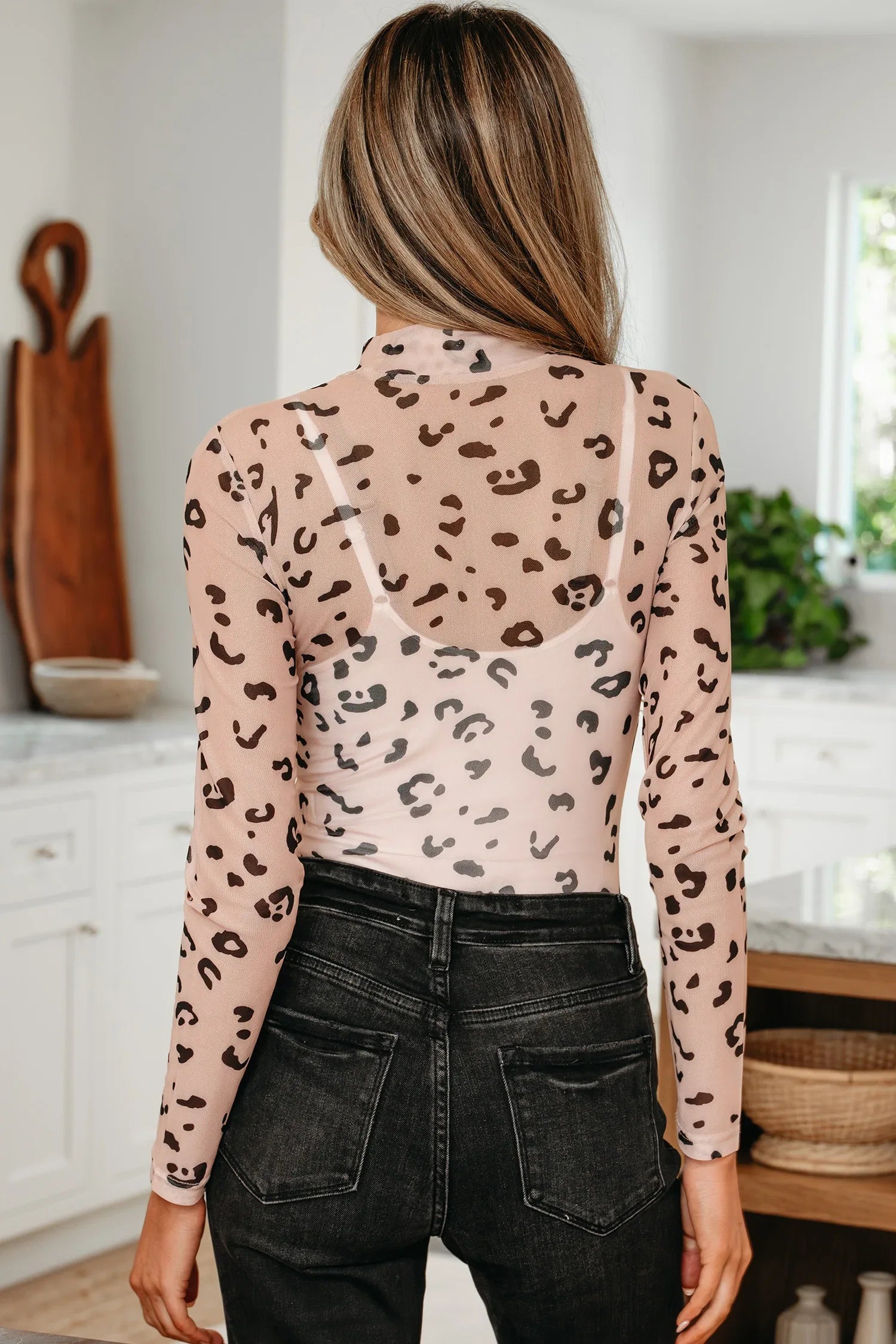 Khaki Mock Neck Sheer Mesh Leopard Long Sleeve Bodysuit - MarkoFit