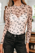 Khaki Mock Neck Sheer Mesh Leopard Long Sleeve Bodysuit - MarkoFit