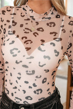 Khaki Mock Neck Sheer Mesh Leopard Long Sleeve Bodysuit - MarkoFit