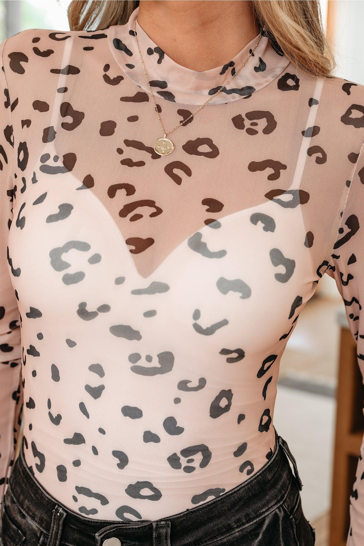 Khaki Mock Neck Sheer Mesh Leopard Long Sleeve Bodysuit - MarkoFit