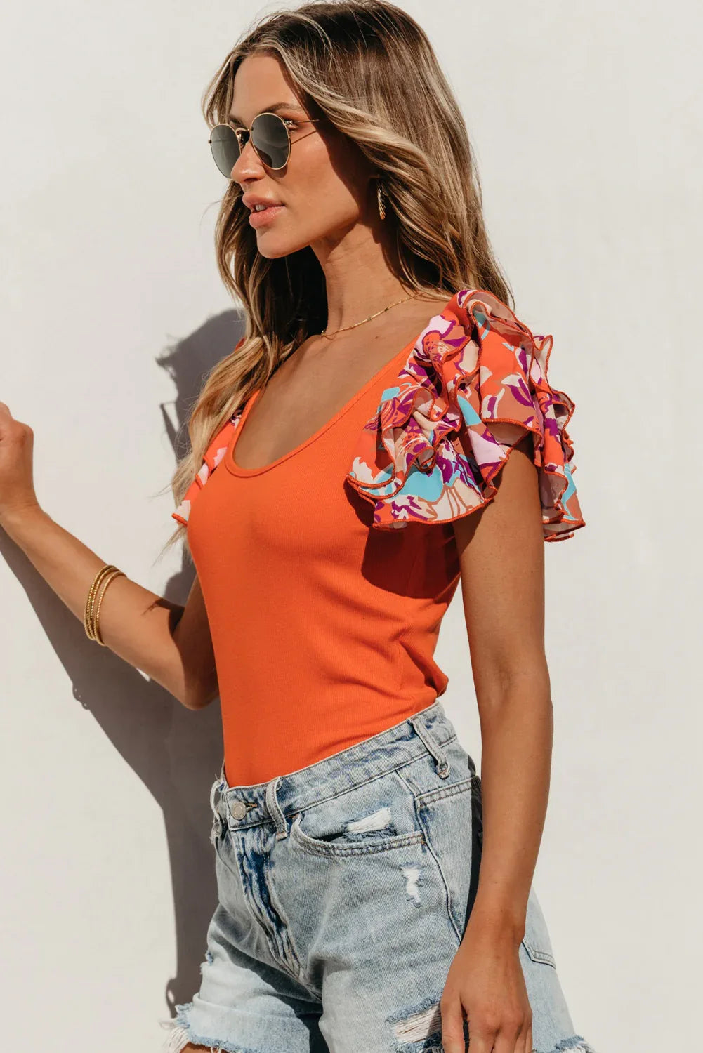 Orange Ribbed Knit Tiered Ruffled Sleeve Bodysuit - MarkoFit