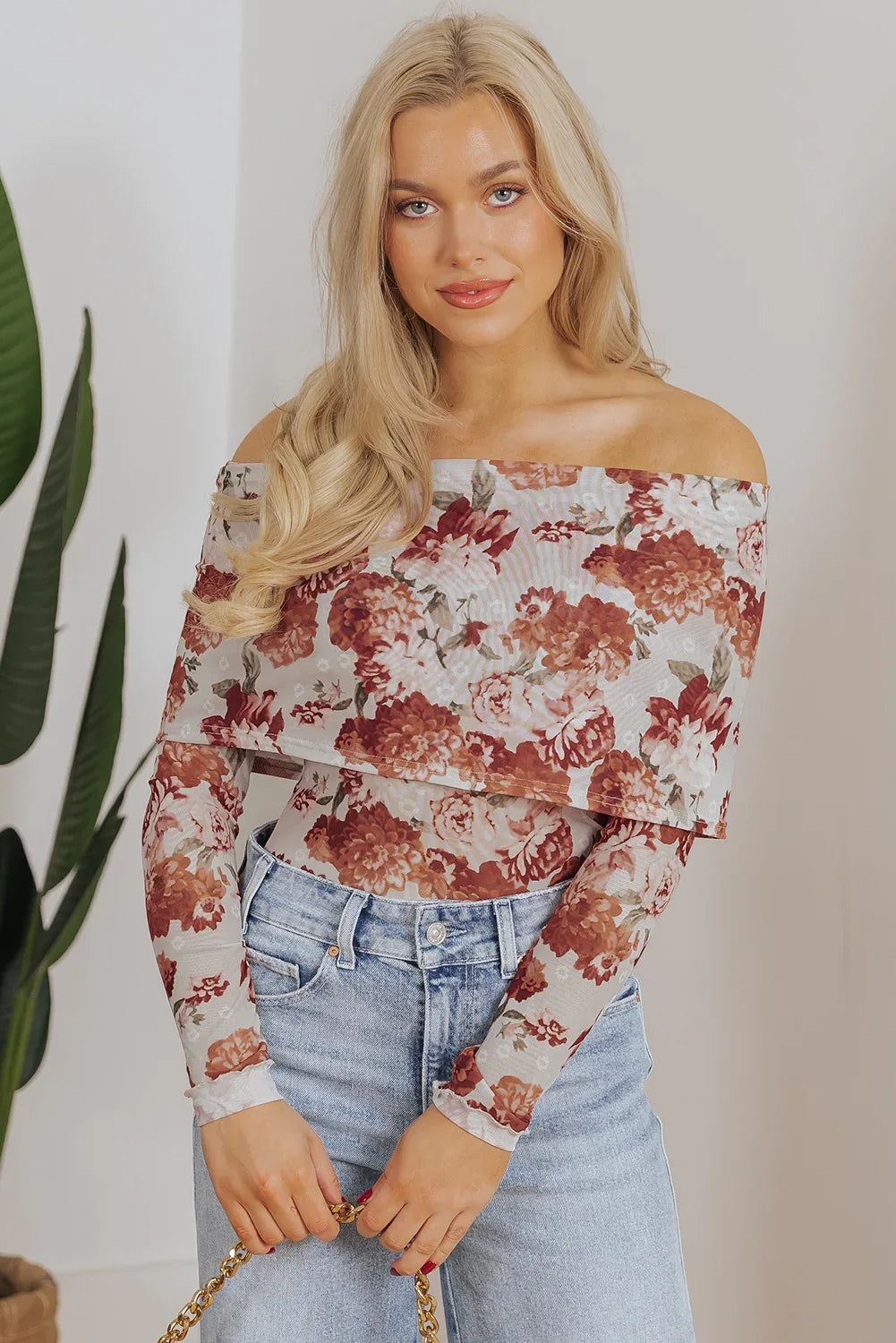 Pink Floral Printed Long Sleeve Sheath Bodysuit - MarkoFit