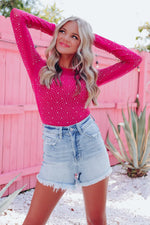 Rose Rhinestone O-neck Long Sleeve Bodysuit - MarkoFit