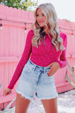 Rose Rhinestone O-neck Long Sleeve Bodysuit - MarkoFit