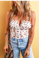 White Floral V Cut Frilled Trim Spaghetti Straps Bodysuit - MarkoFit