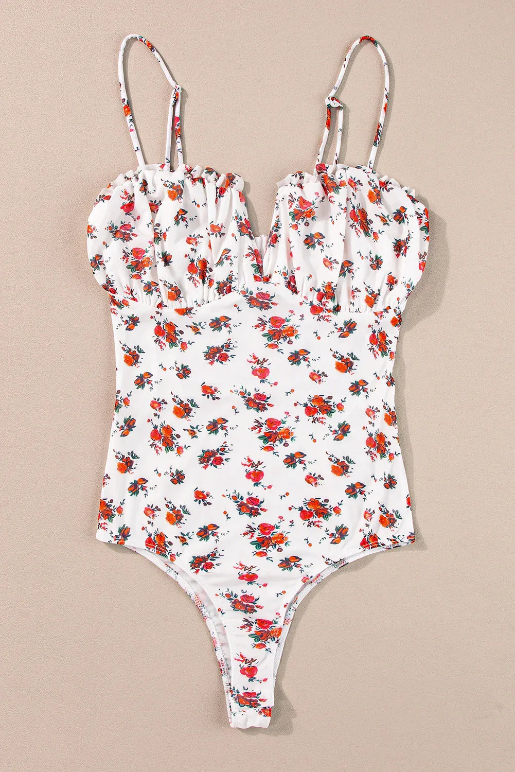 White Floral V Cut Frilled Trim Spaghetti Straps Bodysuit - MarkoFit