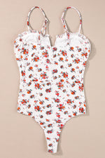 White Floral V Cut Frilled Trim Spaghetti Straps Bodysuit - MarkoFit