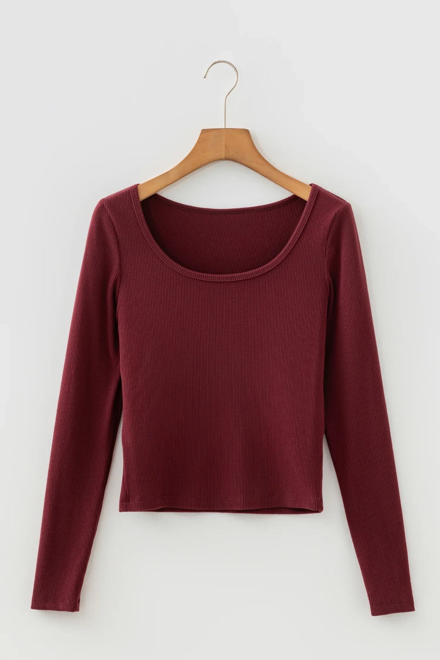 Coffee Ribbed Solid Color U Neck Cropped Long Sleeve Top - MarkoFit