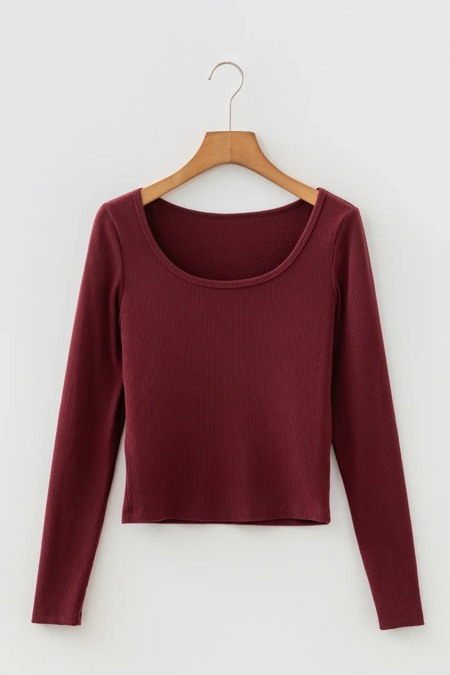 Coffee Ribbed Solid Color U Neck Cropped Long Sleeve Top - MarkoFit