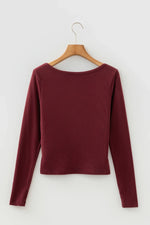 Coffee Ribbed Solid Color U Neck Cropped Long Sleeve Top - MarkoFit