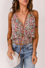 Multicolor Wrapped V Neck Floral Tank Crop Top - MarkoFit
