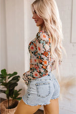 Orange Floral Mesh Slim Long Sleeve Crop Top - MarkoFit