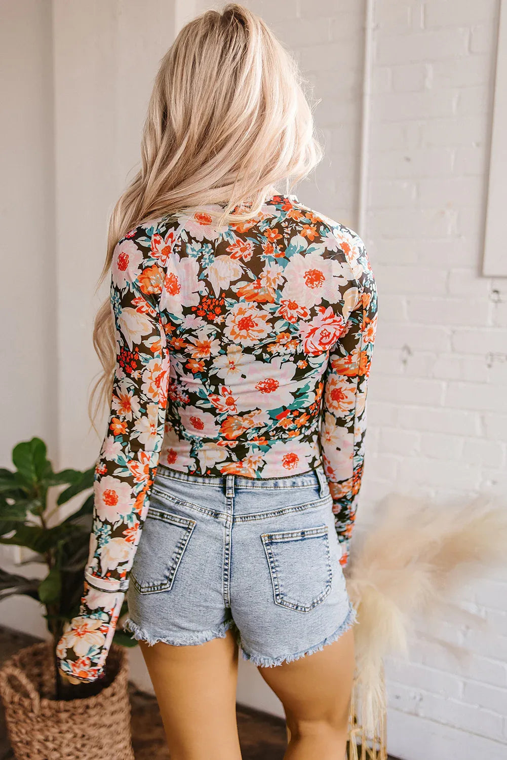 Orange Floral Mesh Slim Long Sleeve Crop Top - MarkoFit