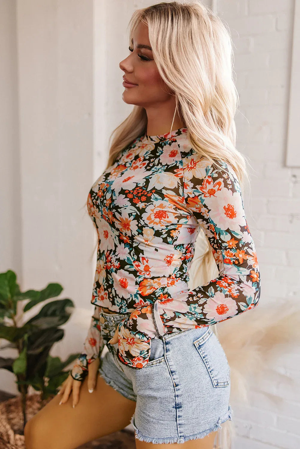 Orange Floral Mesh Slim Long Sleeve Crop Top - MarkoFit