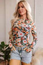 Orange Floral Mesh Slim Long Sleeve Crop Top - MarkoFit
