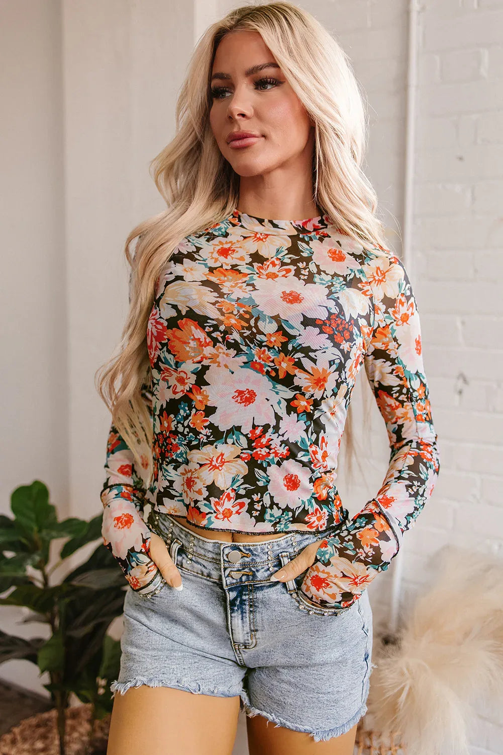 Orange Floral Mesh Slim Long Sleeve Crop Top - MarkoFit
