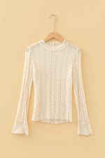 Apricot Flounced Long Sleeve Mock Neck Sheer Lace Top - MarkoFit