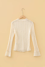 Apricot Flounced Long Sleeve Mock Neck Sheer Lace Top - MarkoFit