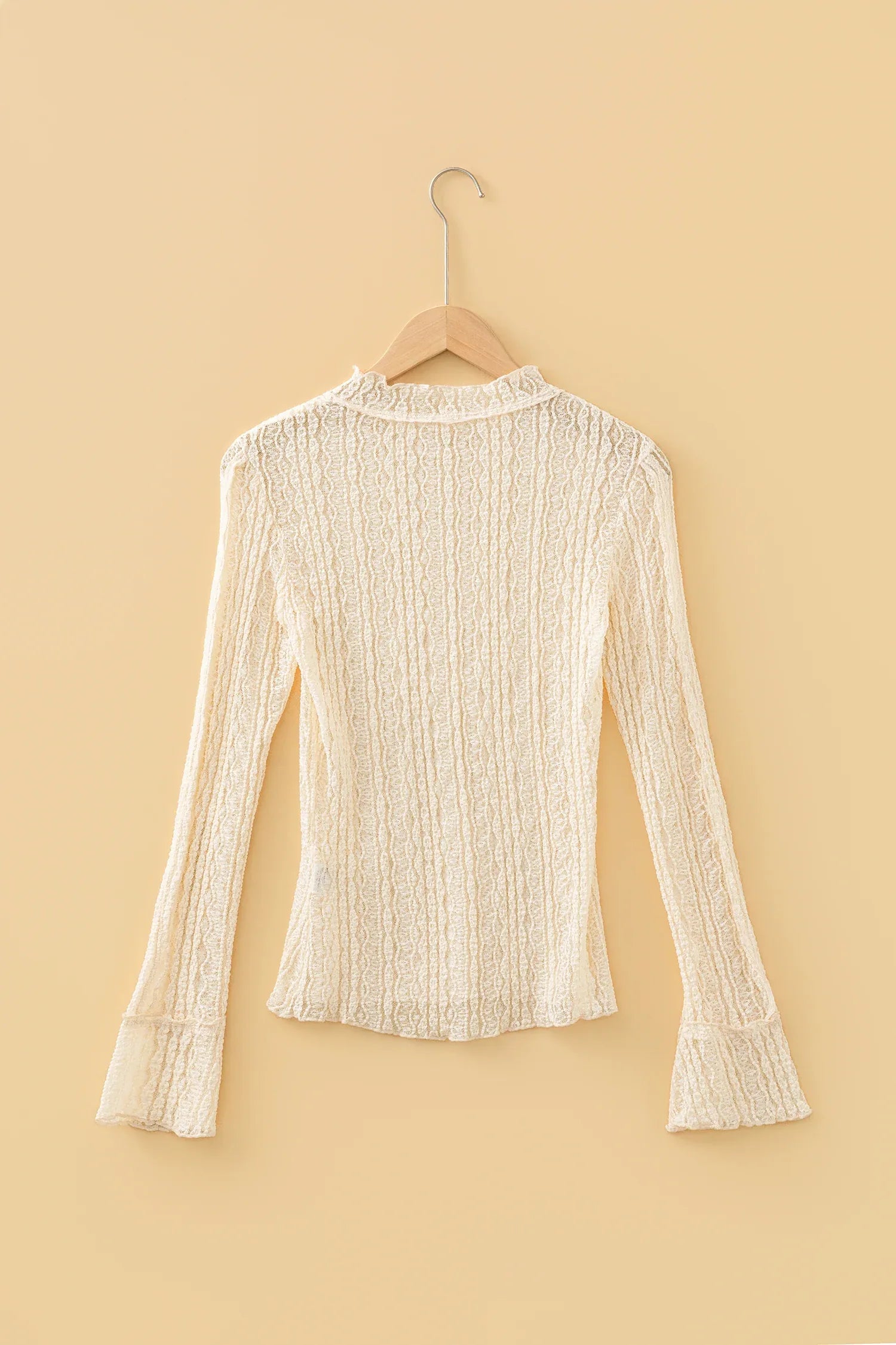 Apricot Flounced Long Sleeve Mock Neck Sheer Lace Top - MarkoFit