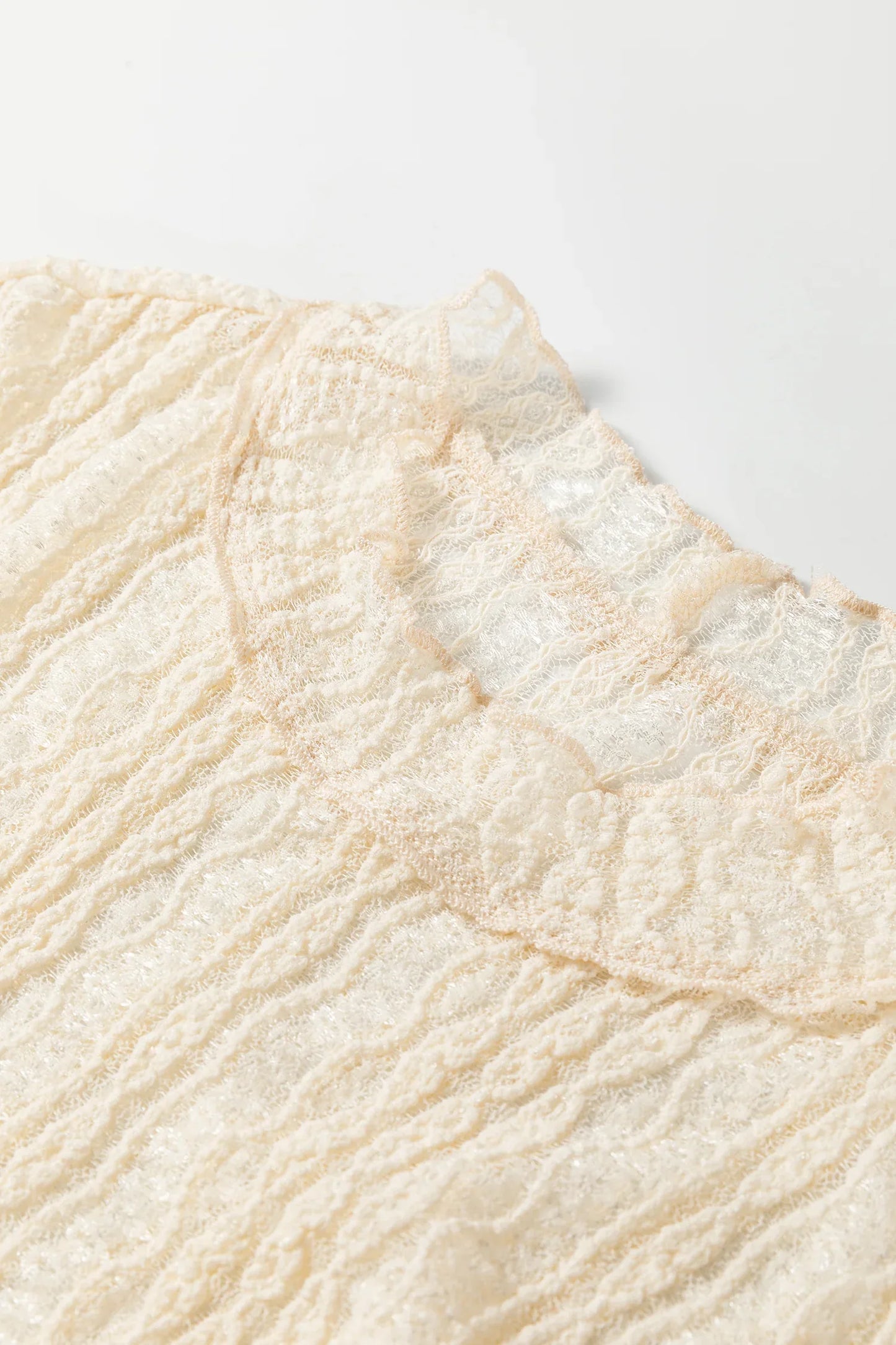 Apricot Flounced Long Sleeve Mock Neck Sheer Lace Top - MarkoFit